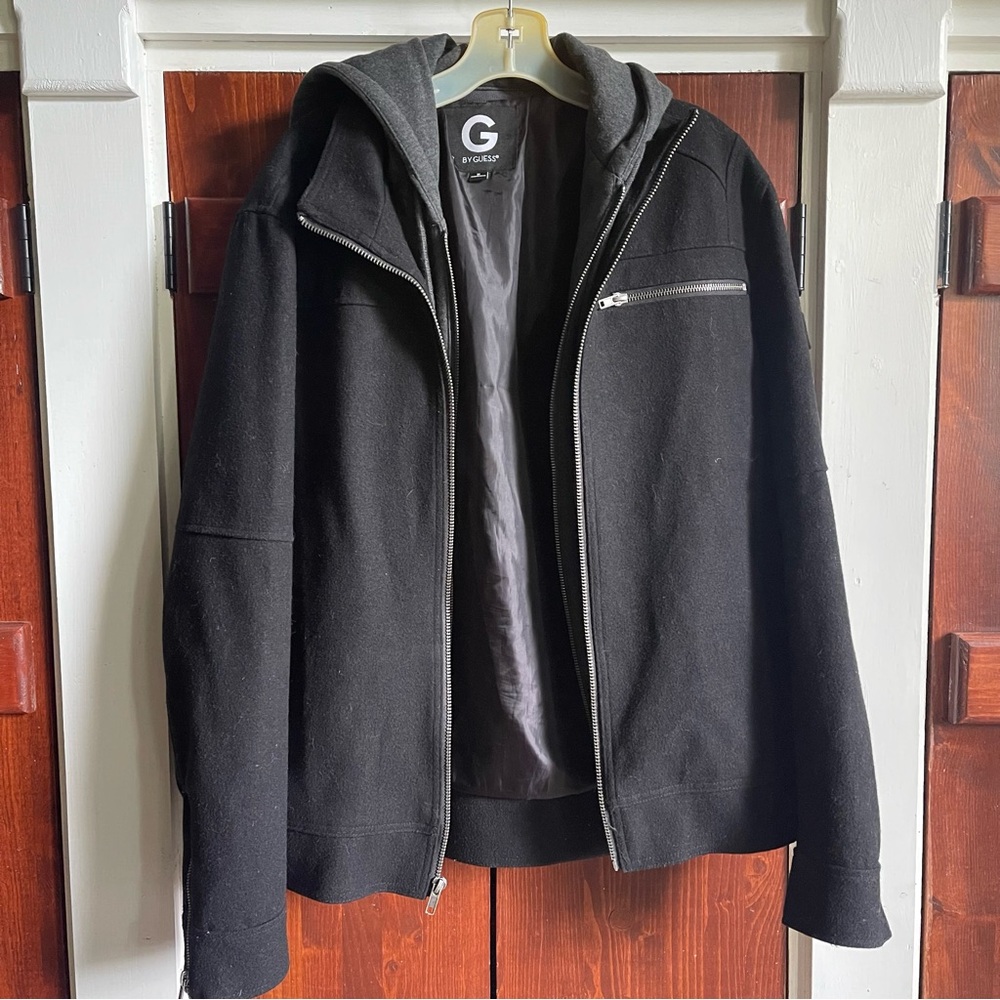 Guess Men’s Black Wool Jacket with Removable Hoodie Insert Medium